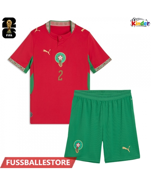 Günstige Marokko Achraf Hakimi #2 Heimtrikotsatz Kinder WM 2026 Kurzarm (+ Kurze Hosen)